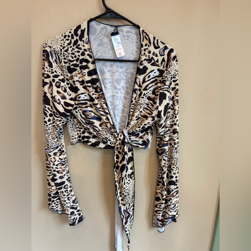 VENUS Leopard Print Tie-Front Swim Coverup in Cream, Black, Brown